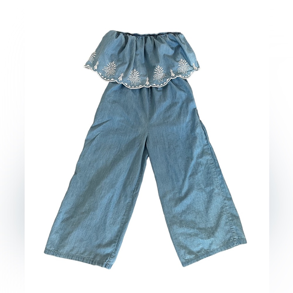 Jessica Simpson Womens Blue Denim Embroidered Ruffle Strapless Jumpsuit Small